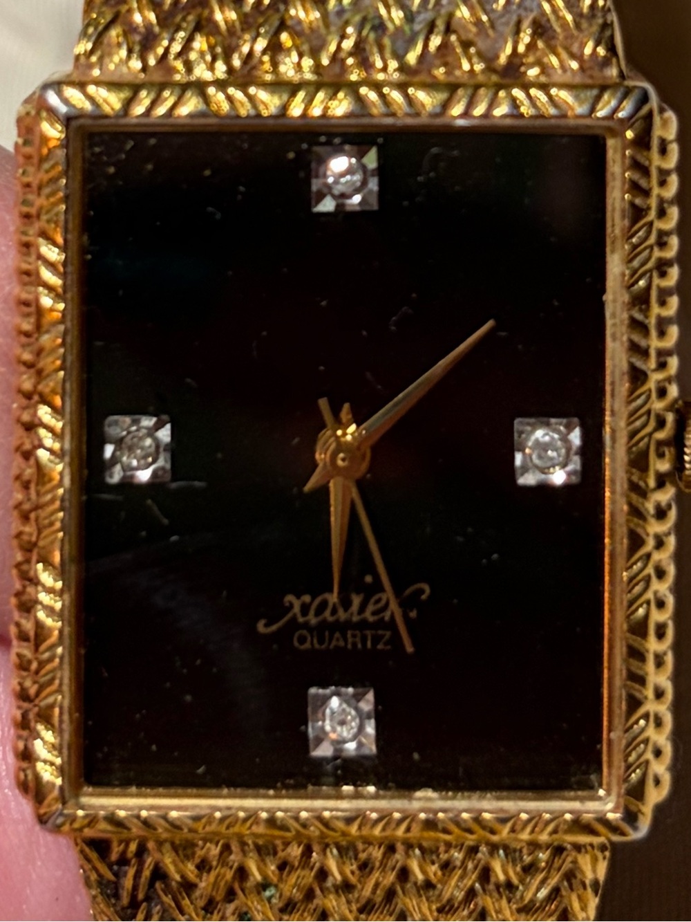 VINTAGE Xavier Masterpiece Watch Gold Mesh Black Tank Face 4 Genuine Diamonds